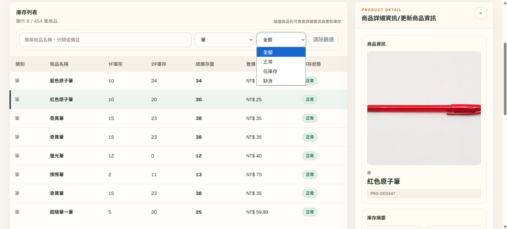 商品庫存管理後台的商品詳細資訊實際畫面